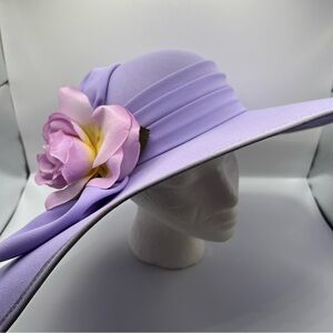 Essence Chic Lavender Church, Kentucky Derby Hat with Pink Floral Detail